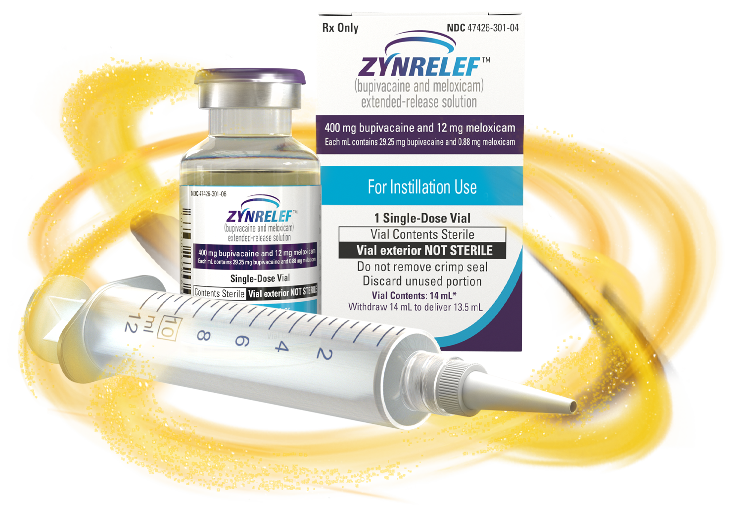 ZYNRELEF box with 400 mg vial next to it; needle-free applicator laying in front of vial and box; all components.