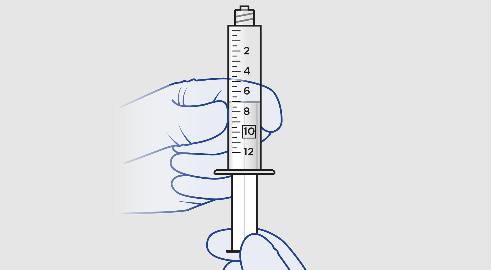 Blue “sterile” hands holding syringe from ZYNRELEF kit, filling syringe with 7 mL of air.