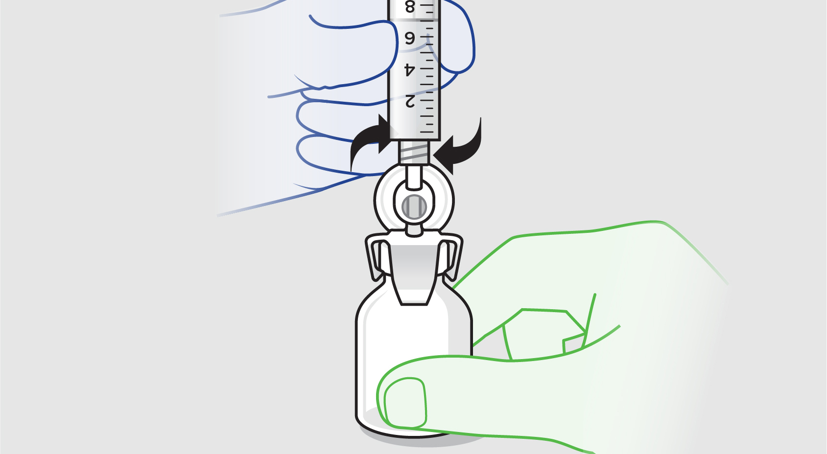 Blue “sterile” hand attaching air-filled syringe to the vial spike with green “nonsterile” hand holding ZYNRELEF vial.