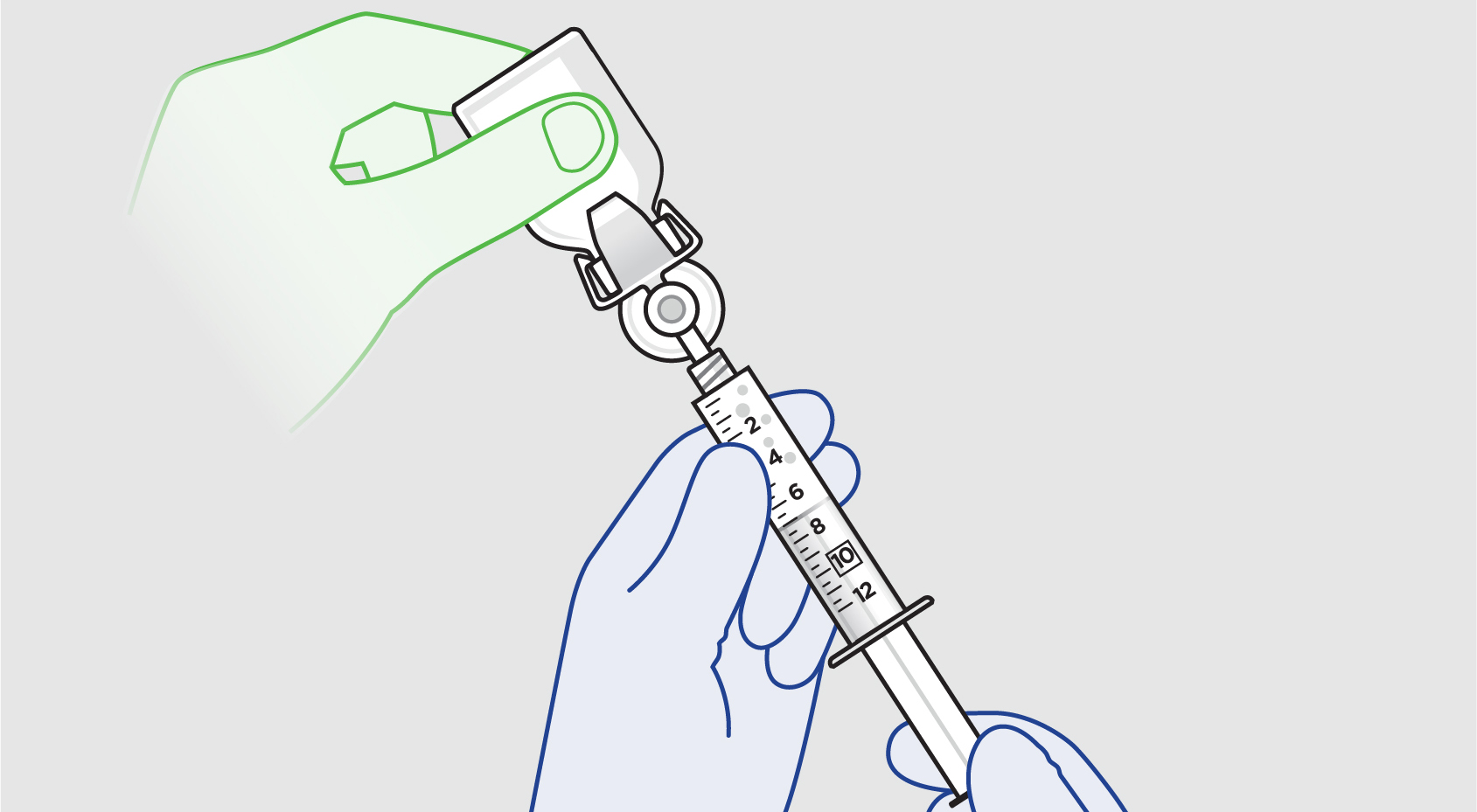 Green “nonsterile” hand inverting the ZYNRELEF vial with blue “sterile” hands withdrawing ZYNRELEF into syringe.