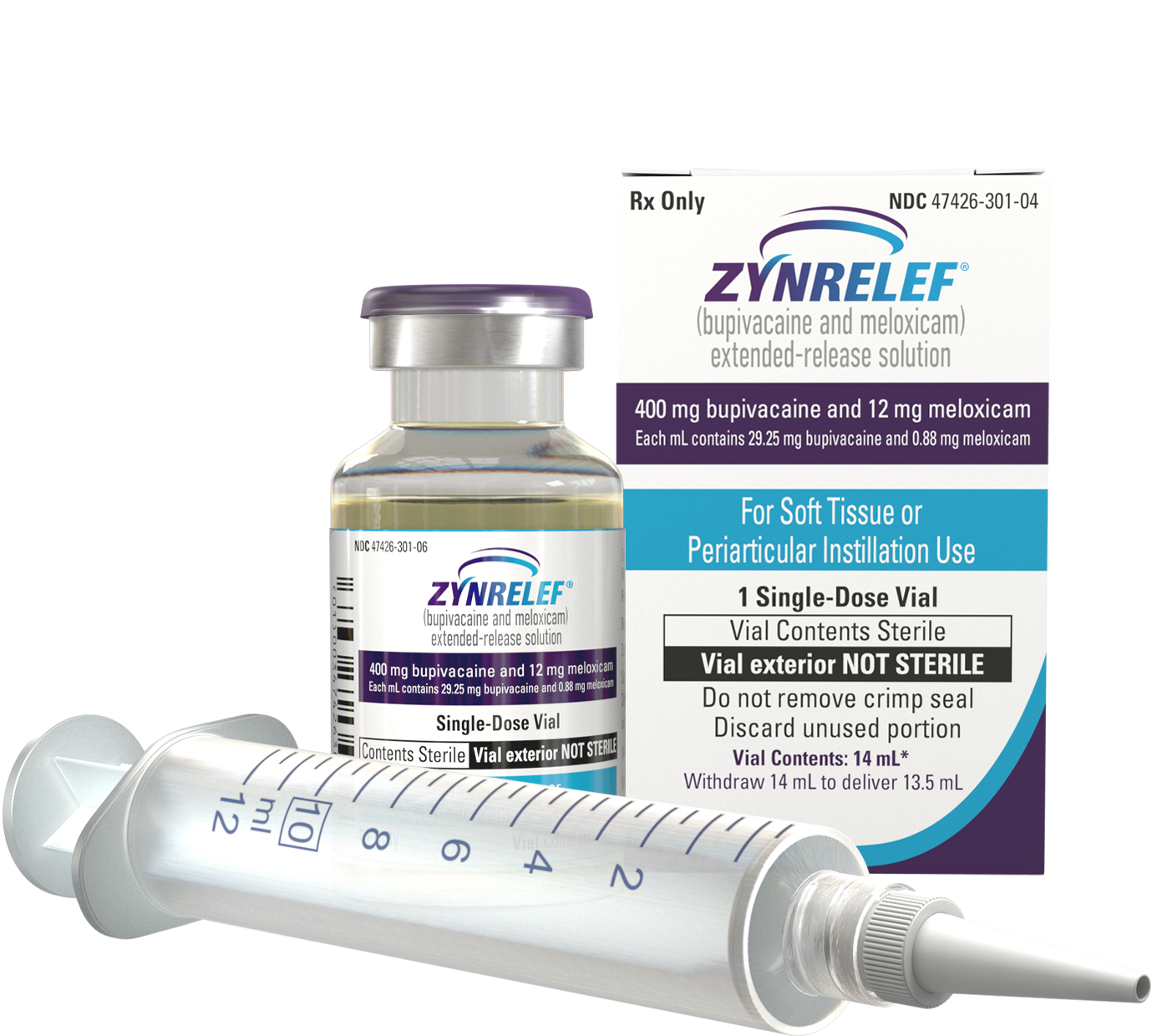 ZYNRELEF box with 14-mL vial next to it; needle-free applicator laying in front of vial and box.