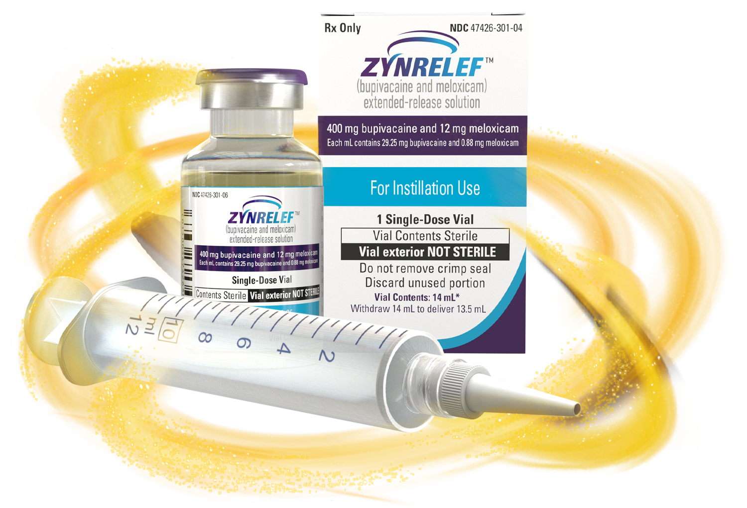 ZYNRELEF box with 400 mg vial next to it; needle-free applicator laying in front of vial and box; all components.