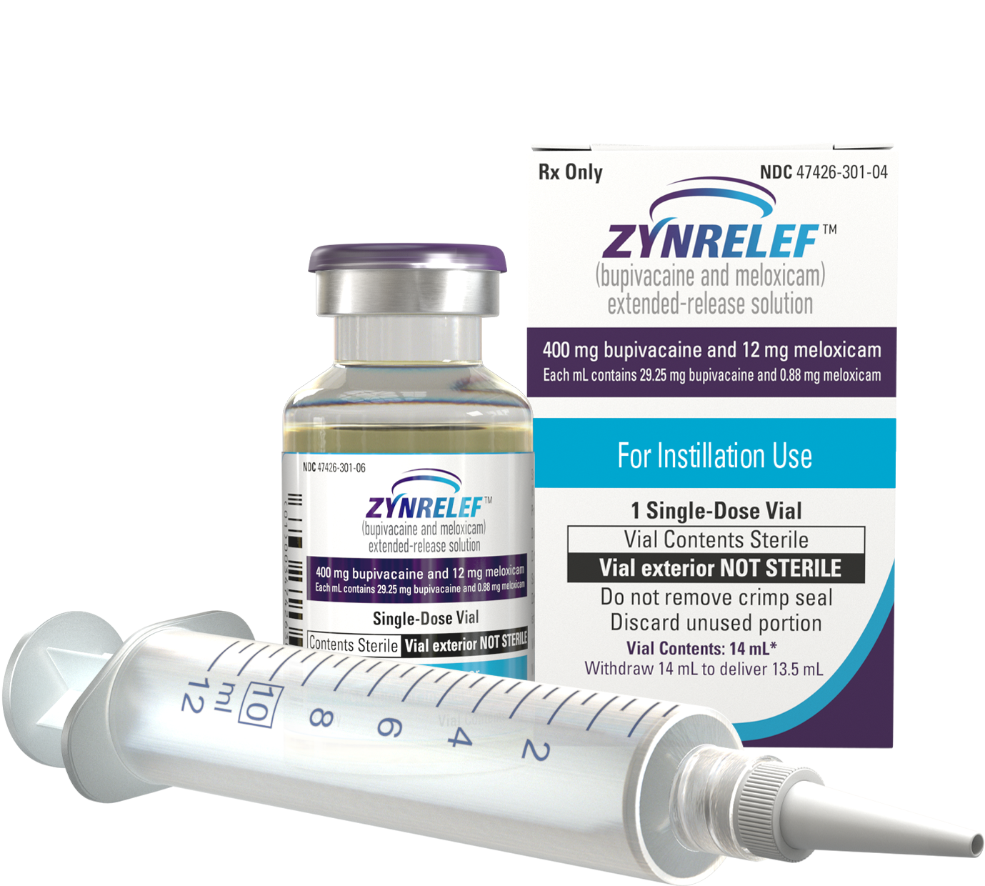 ZYNRELEF box with 14-mL vial next to it; needle-free applicator laying in front of vial and box.