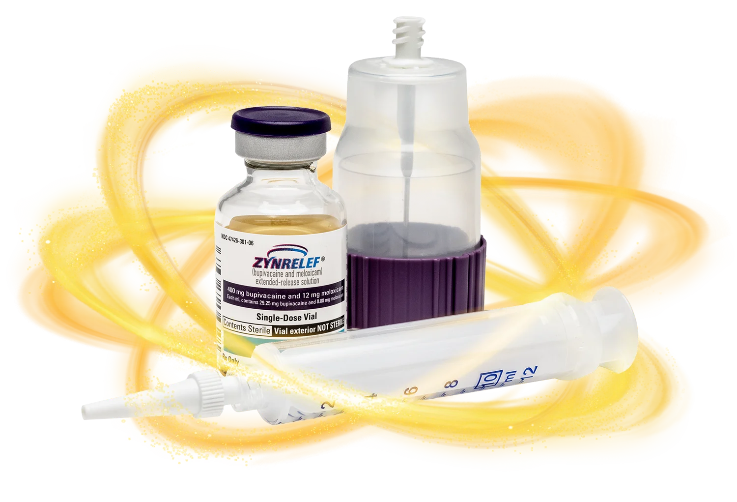 ZYNRELEF box with 400 mg vial next to it; needle-free applicator laying in front of vial and box; all components.