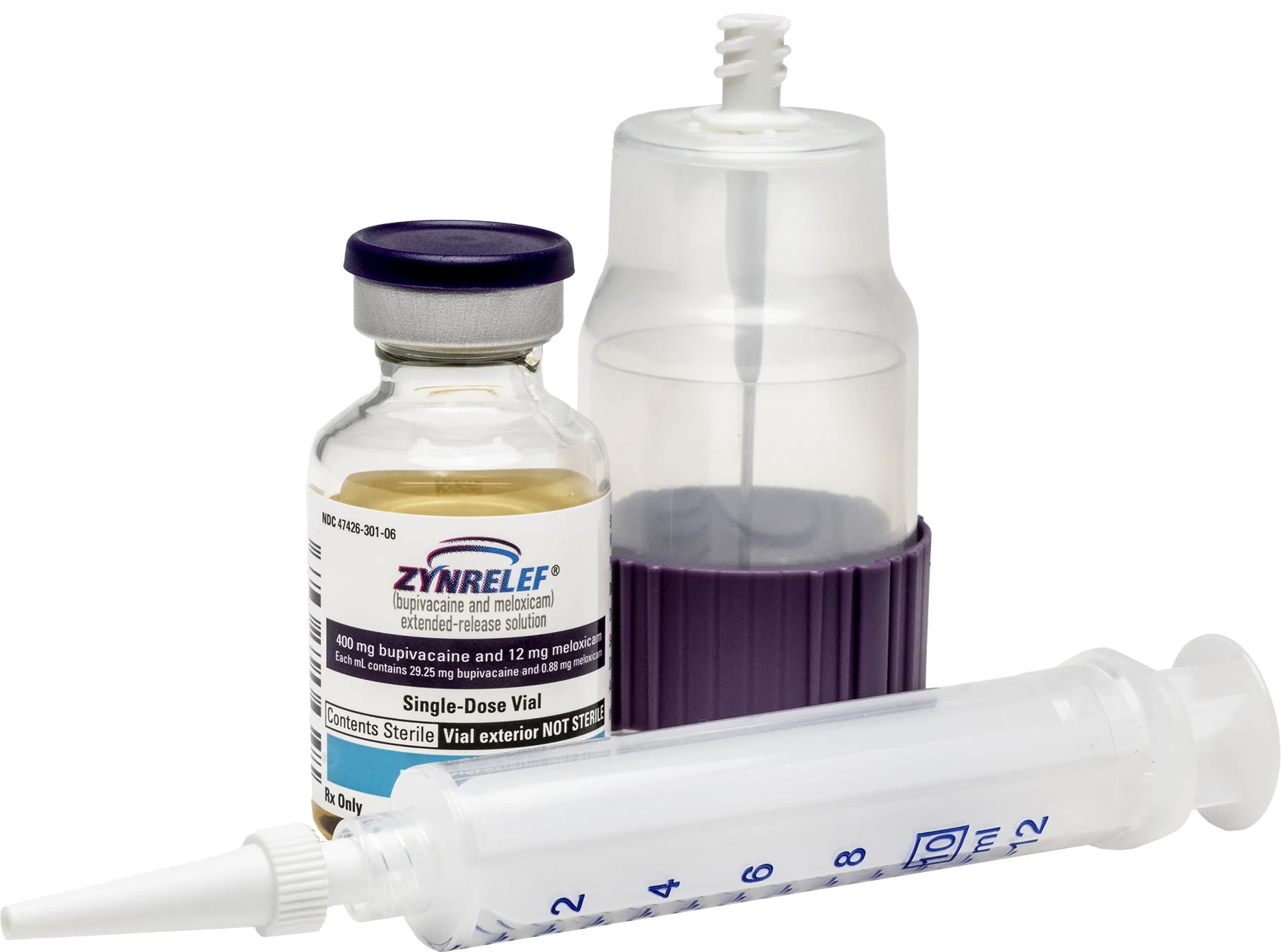 ZYNRELEF box with 14-mL vial next to it; needle-free applicator laying in front of vial and box.